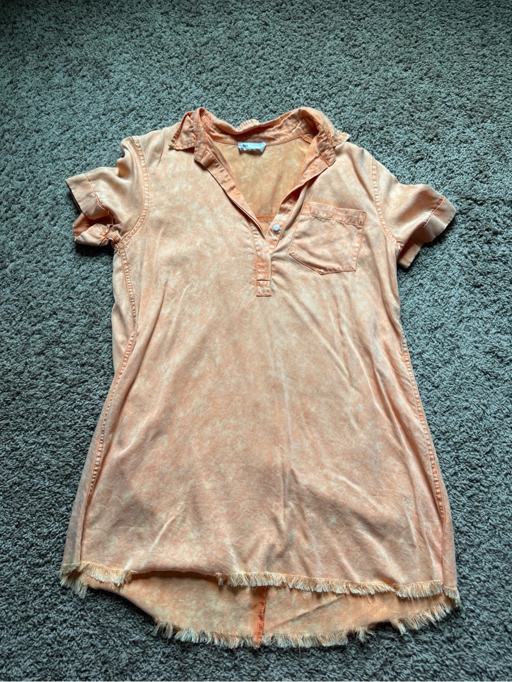 Washed Peach Polo Tunic Dress with Frayed Hem